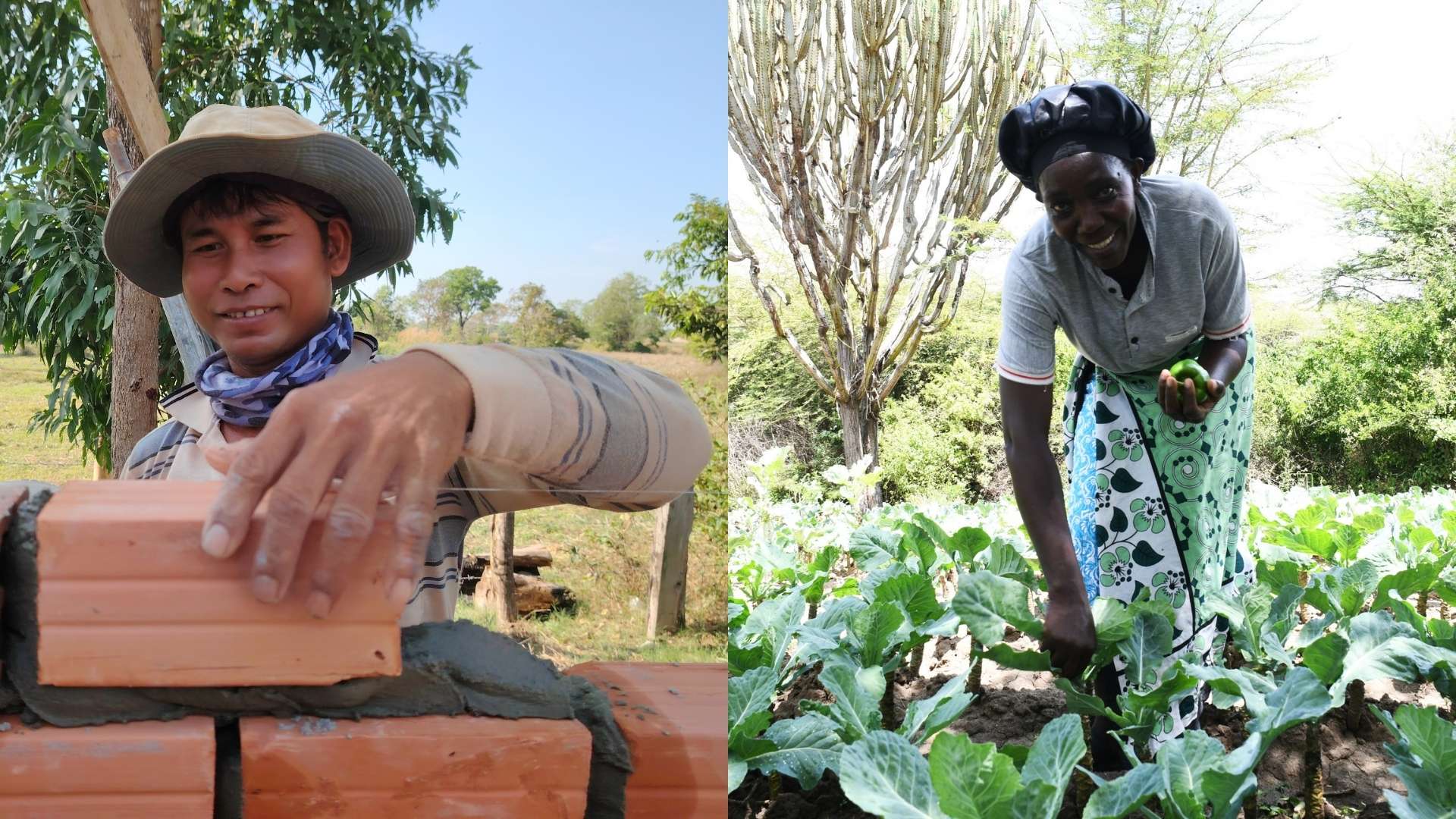 left: man constructing latrine in cambodia right: mary tending to her crops