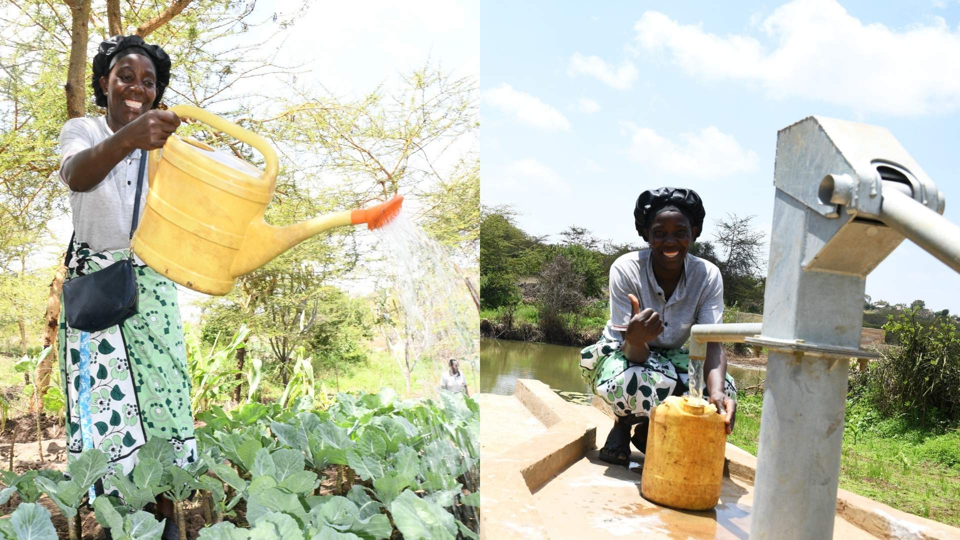 mary watering crops and with sand dam pump